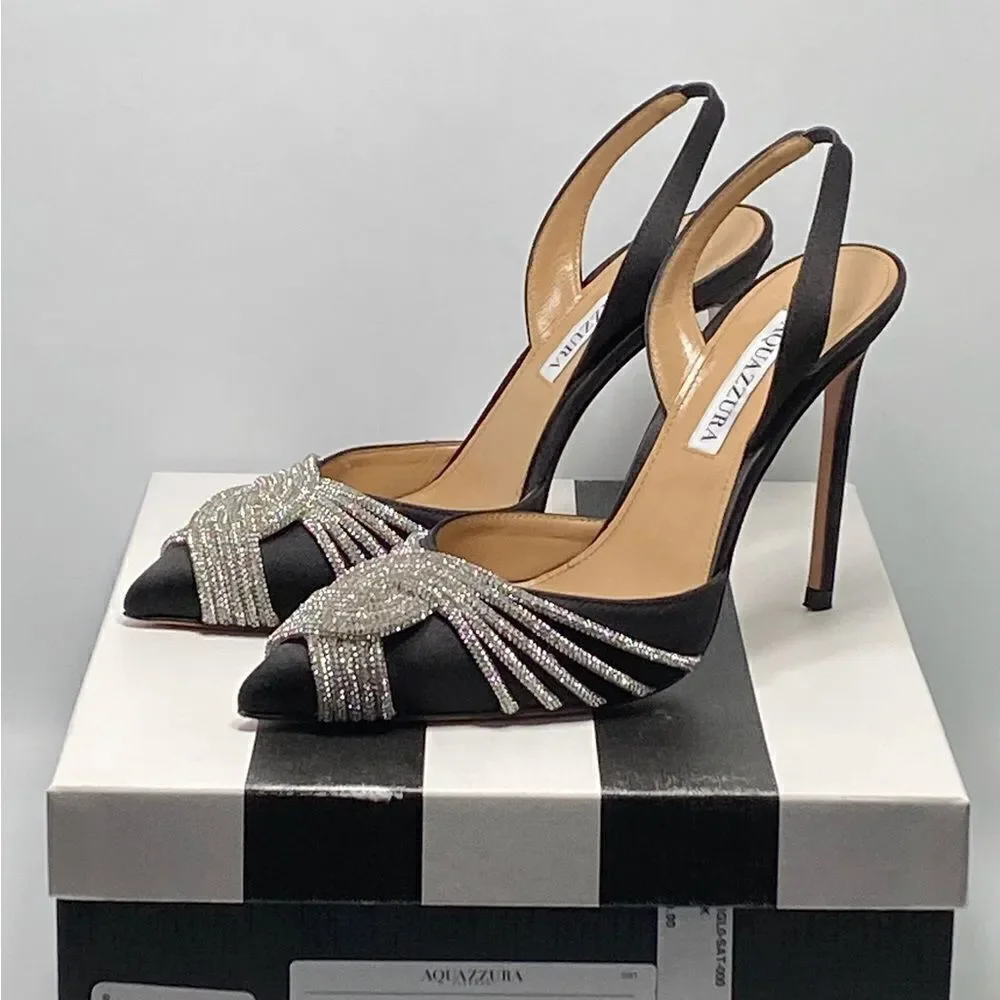 Aquazzura Gatsby Crystal-Embellished Satin Pumps size 37 - Picture 12 of 14